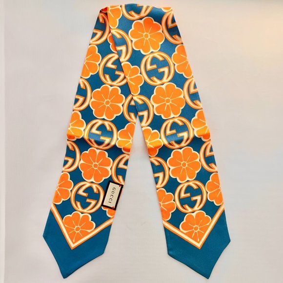 Gucci GG Flower Silk Foily Skinny Scarf in Blue Twilly Scarf NEW IN BOX - Picture 3 of 10